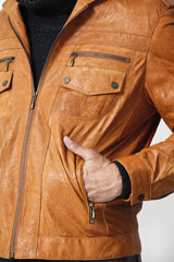 Herren Lederjacke kringel Cognac in Lammnappa mit Brusttaschen und Stehkragen