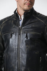 Kurze Herren Leder Bikerjacke in Vintage Look Schwarz Lammnappa