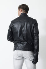 Herren Lederjacke aus Hirschleder schwarz mit Stehkragen und viele Taschen