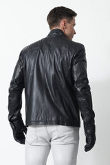 Herren Lederjacke aus Hirschnappa schwarz mit Stehkragen und viele Taschen