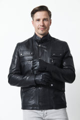 Herren Lederjacke aus Hirschnappa schwarz mit Stehkragen und viele Taschen