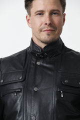 Herren Lederjacke aus Hirschnappa schwarz mit Stehkragen und viele Taschen