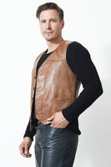 Dünne leichte Herren Weste in Lammnappa Braun antik zum knöpfen