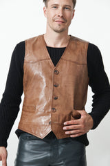 Dünne leichte Herren Weste in Lammnappa Braun antik zum knöpfen