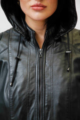 Leichte lange Damen Lederjacke mit Kapuze in echtem Lammnappa schwarz