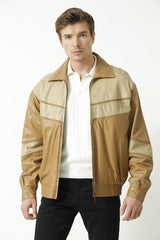 Dünne Herren Bundlederjacke in Ziegennappa zweifarbig Honig und Beige