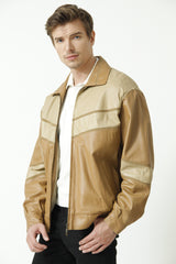 Dünne Herren Bundlederjacke in Ziegennappa zweifarbig Honig und Beige