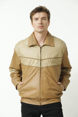 Leichter Herren Blouson Lederjacke in Ziegennappa zweifarbig Honig und Beige
