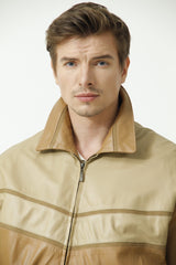 Dünne Herren Blouson Lederjacke in Ziegennappa zweifarbig Honig und Beige