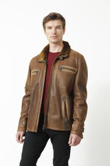 Kurze Herren Lammfelljacke Entrefino Braun mit Stehkragen und Brusttaschen