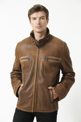 Kurze Herren Lammfelljacke Entrefino Braun mit Stehkragen und Brusttaschen