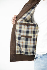 Herren Lederblouson aus Ziegenverlour in Braun mit Stoffbündchen und Brusttasche