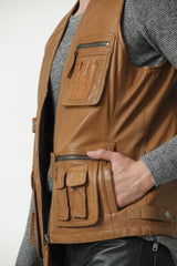 Herren Lammnappa Weste in cognac vintage ohne Kragen mit viele Taschen