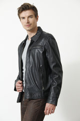 Schlichte Zeitlose Herren Lederjacke Lammnappa dunkel Blau mit Brusttasche