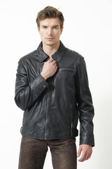 Schlichte Zeitlose Herren Lederjacke Lammnappa dunkel Blau mit Brusttasche