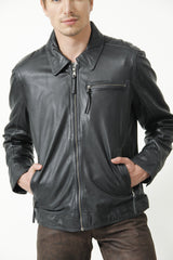 Schlichte Zeitlose Herren Lederjacke Lammnappa dunkel Blau mit Brusttasche