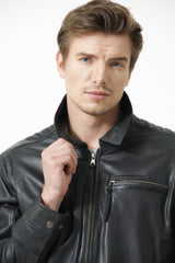 Schlichte Zeitlose Herren Lederjacke Lammnappa dunkel Blau mit Brusttasche