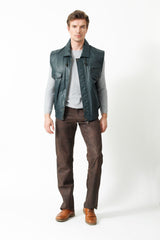 Herren Freizeit Lederweste aus Lammnappa in Petrol mit viele Taschen