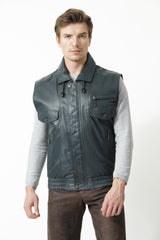 Herren Freizeit Lederweste aus Lammnappa in Petrol mit viele Taschen