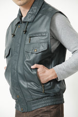 Herren Freizeit Lederweste aus Lammnappa in Petrol mit viele Taschen