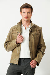 Kurze Herren Lederjacke aus Lammnappa in Khaki mit Stehkragen