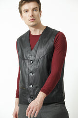 Sportliche Herren Weste schwarz Lammnappa mit vielen Taschen zum Knöpfen