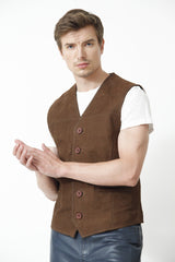 Klassische Herren Weste in Rindleder geschliffen cognac mit Knöpfen