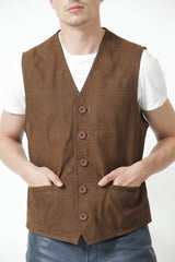 Klassische Herren Weste in Rindleder geschliffen cognac mit Knöpfen