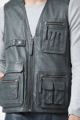Leder Freizeit Weste aus Lammnappa in anthrazit mit viele Taschen
