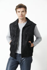 Sportive Herren Porcleder Weste geschliffen in schwarz mit viele Taschen