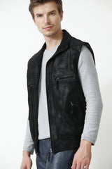 Sportive Herren Porcleder Weste geschliffen in schwarz mit viele Taschen