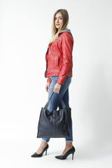 Leichter weicher Damen Leder Shopper in dunkel blau, verstellbarer Trageriemen