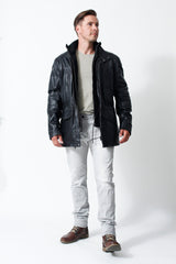 Herren Leder Parka mit abtrennbaren doppelkragen in Lammnappa schwarz