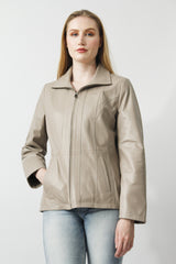 Halblange Damen Lederjacke in Lammnappa ivory tailliert mit Reißverschluss