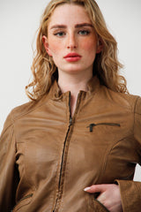 Kurze Damen Biker-Style Lederjacke in Braun