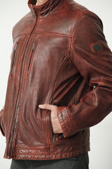 Herren Lederjacke mit Stehkragen Lammnappa in dunkel Rot vintage Look