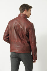 Herren Lederjacke mit Stehkragen Lammnappa in dunkel Rot used Look