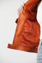 moderne Biker Damen Lederjacke aus Lammnappa mit Stehkragen in orange
