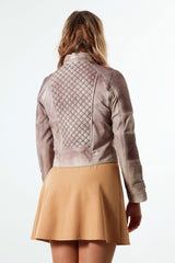 Cool Damen Biker Lederjacke aus Lammnappa in Rose mit Stehkragen