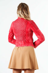 Taillierte Damen Biker Lederjacke aus Lammnappa in Rot mit Stehkragen