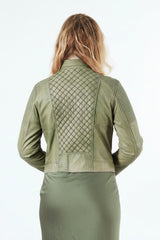 Coole Damen Biker Lederjacke aus Lammnappa in Green mit Stehkragen
