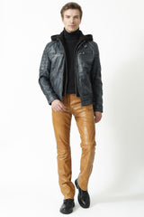 Herren Biker Lederjacke Lammnappa Vintage Look Jeans Blau mit Kapuze