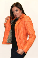 Kurze orange Damen Lederjacke Lammnappa im Bikerlook mit Vintage Look