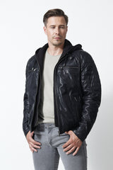 Coole Herren Biker Lederjacke schwarz Lammnappa mit Kapuze und Steppnähte