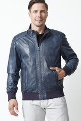 Herren College Blouson Lederjacke in Lammnappa Blau Vintage Look.
