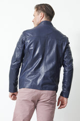 Zeitlose Herren Lederjacke aus Lammnappa in Blau mit zwei Eingriffstaschen