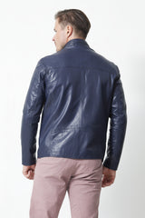 Zeitlose Herren Lederjacke aus Lammnappa in Blau mit zwei Eingriffstaschen