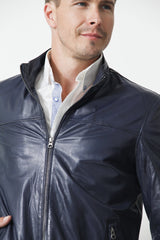 Zeitlose Herren Lederjacke aus Lammnappa in Blau mit zwei Eingriffstaschen