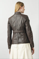 Figurbetonte Damen Lederjacke im Biker Look Braun aus Lammnappa