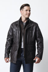 längerer Herren Lederparka aus weichem Lammnappa Braun wattiert mit doppelkragen